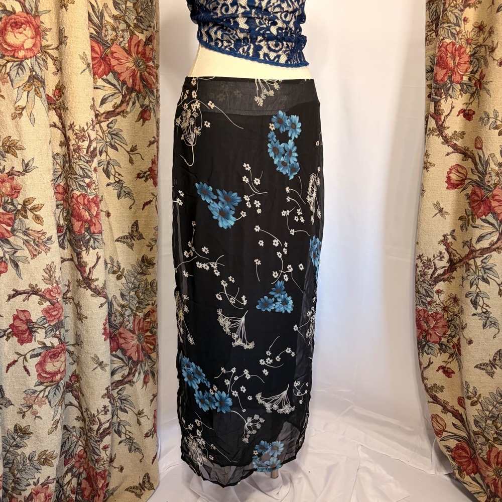 Tracy Evans Pretty Maxi Skirt Vintage 90s with blue and black floral print
